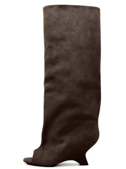 Women's Peep Toe Knee-High Boots with Slant Wedge Heel
