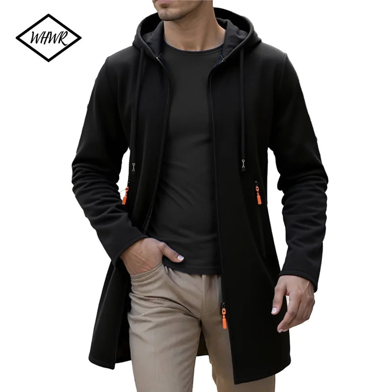 Men's Hooded Knit Cardigan Long Jacket – Casual Zip-Up Coat