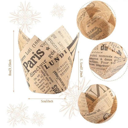 Newspaper Print Tulip Cupcake Liners – 50 Pack, Kraft Paper