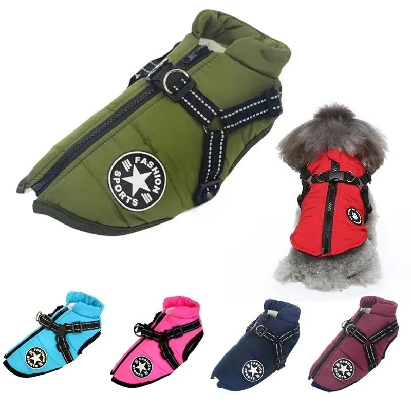 Waterproof Dog Winter Jacket with Built-In Harness – Warm Padded Coat for Large Dogs