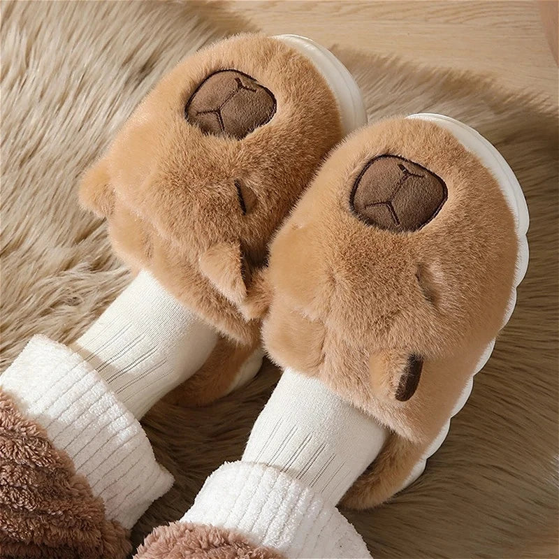 Cute Capybara Cotton Slippers Women Autumn Winter Indoor Soft Sole Warm Fur Slides Men Comfort Non
