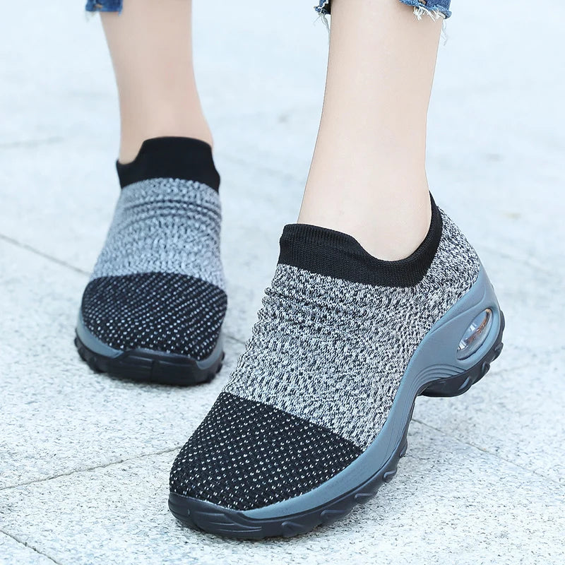 Women's Slip-On Platform Sneakers – Breathable Knit Walking Shoes