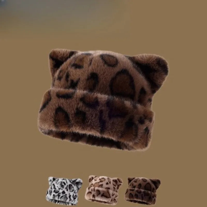 Plush Teddy Bear Beanie with Cat Ears – Cute Fluffy Winter Hat for Women