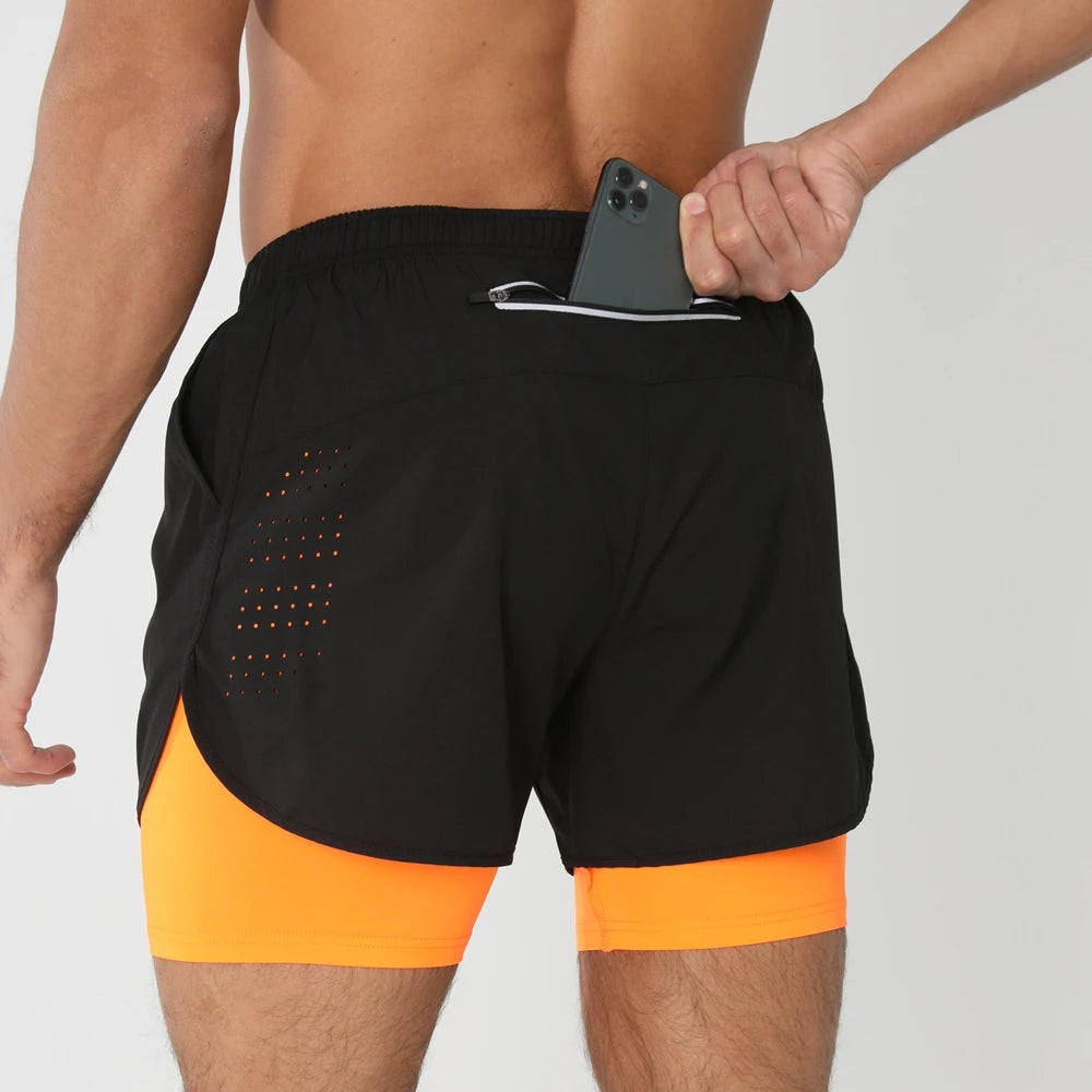 Men's 2-in-1 Running Shorts – Quick Dry Gym Workout Training Shorts with Zip Pocket