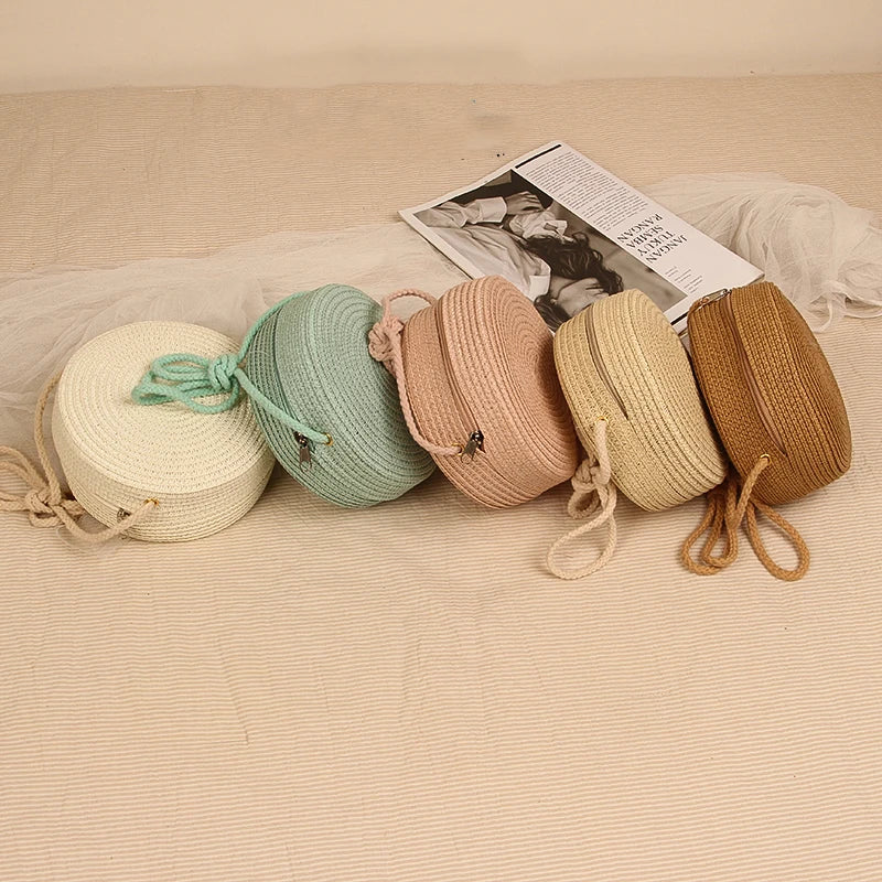 Round Straw Crossbody Bag – Handwoven Rattan Beach Bag for Women