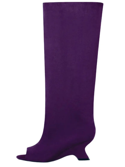 Women's Peep Toe Knee-High Boots with Slant Wedge Heel