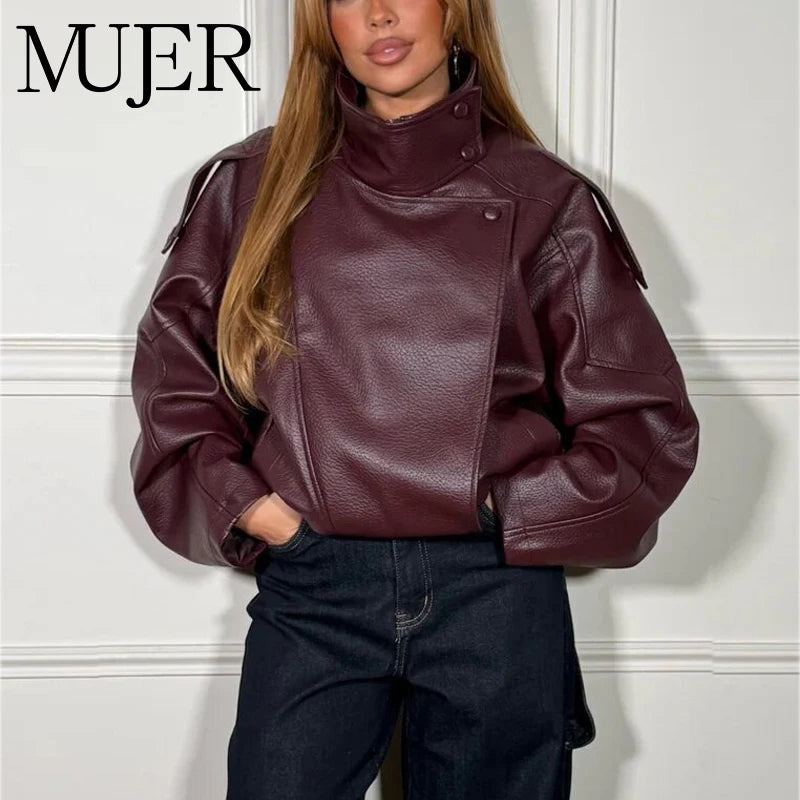 Oversized Faux Leather Bomber Jacket for Women