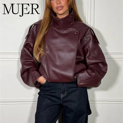 Oversized Faux Leather Bomber Jacket for Women