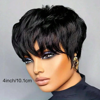 Pixie Cut Bob Wig with Bangs – Natural Black Short Straight Wig for Women