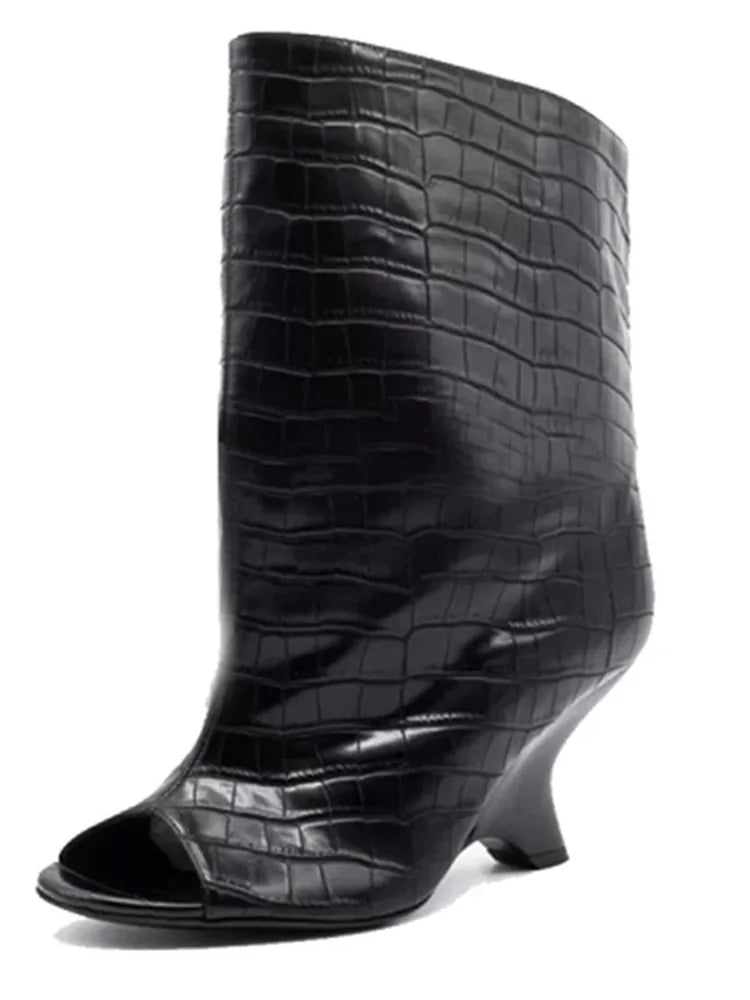 Women's Peep Toe Knee-High Boots with Slant Wedge Heel