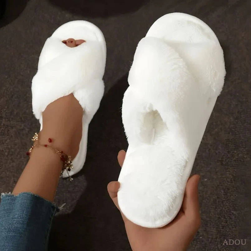 Winter Warm Slipper Women Fur Plush Indoor Lazy Thermal Furry Home House Fuzzy Cross Shoe Flat Flip