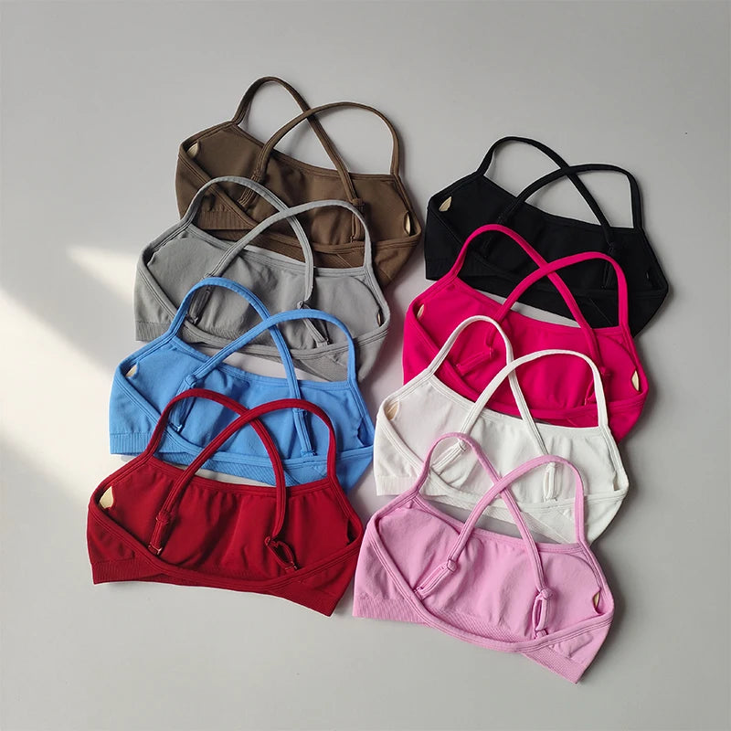 Seamless Cross-Back Sports Bra Women Shockproof Gathering Yoga Crop Top