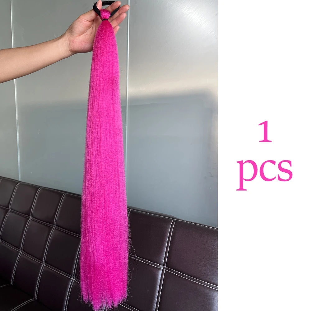 Synthetic Colorful Ponytail Extension 2pcs Long Straight Diy Braided Pony Tail Hairpiece Rubber Band