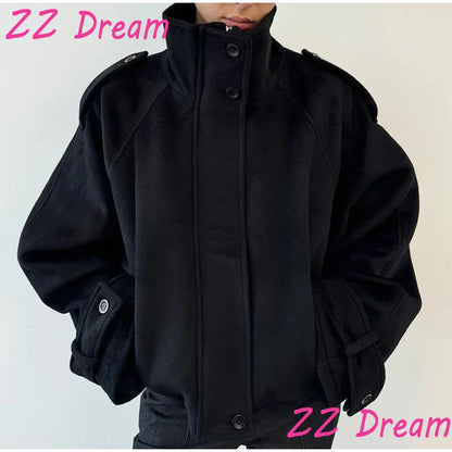 Women's Short Woolen Coat – Stand Collar Zip Jacket