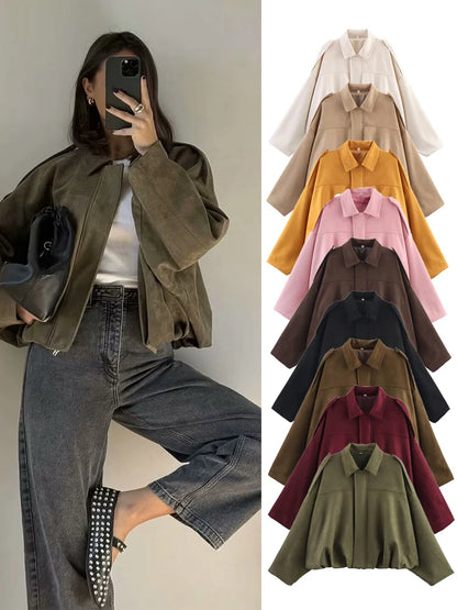 Women's Oversized Suede Bomber Jacket – Long Sleeve Zip-Up Coat