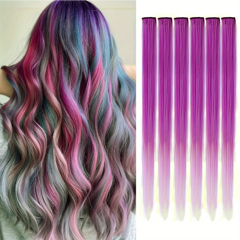 Clip Hair Extensions 6pcs Pack Colored Party Highlights 22 Inches Multi-Colors Straight Hair