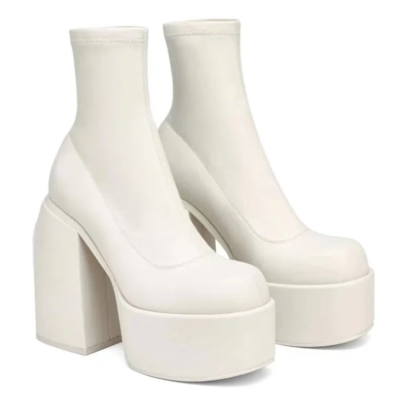 Women's Platform Ankle Boots Chunky Block Heel Square Toe