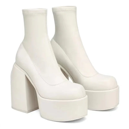 Women's Platform Ankle Boots Chunky Block Heel Square Toe