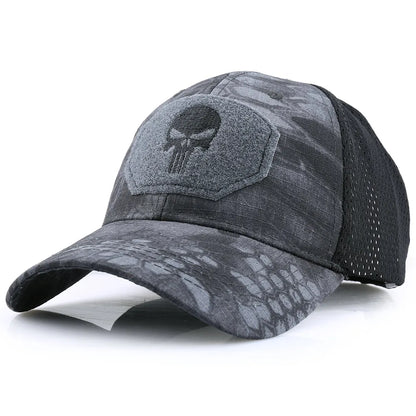 Tactical Skull Patch Baseball Cap – Camo Mesh Snapback Hat