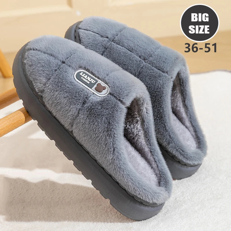 Big Size 50 51 Winter Slippers Women Men Thick Sole Indoor Home Warm Couples Shoes Non-Slip Flat