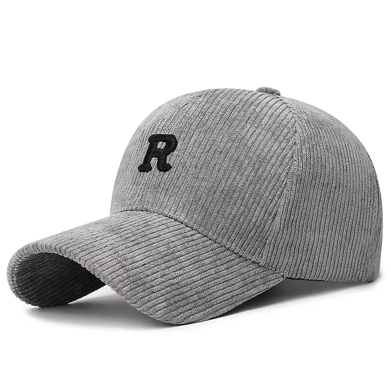 Corduroy Baseball Cap with 3D R Letter Embroidery – Adjustable Unisex Hat