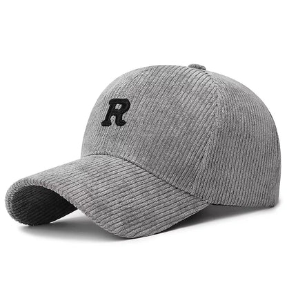 Corduroy Baseball Cap with 3D R Letter Embroidery – Adjustable Unisex Hat