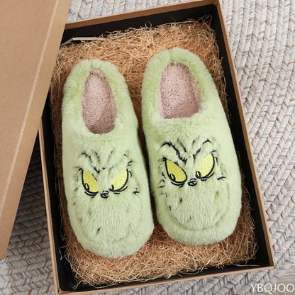 Autumn Winter Plus Size Women S Home Slippers Indoor Lazy Green Fur Monster Plush Flat Bottom