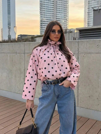 Women's Polka Dot Spring Jacket – Elegant Drawstring Coat