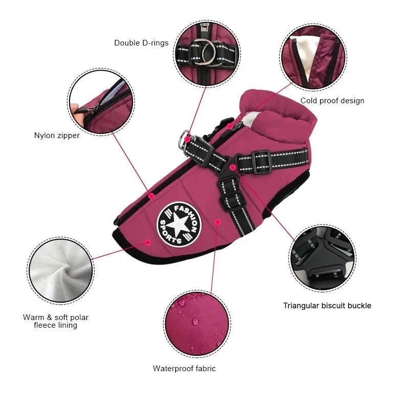 Dog Winter Jacket - Waterproof Warm Coat with Harness