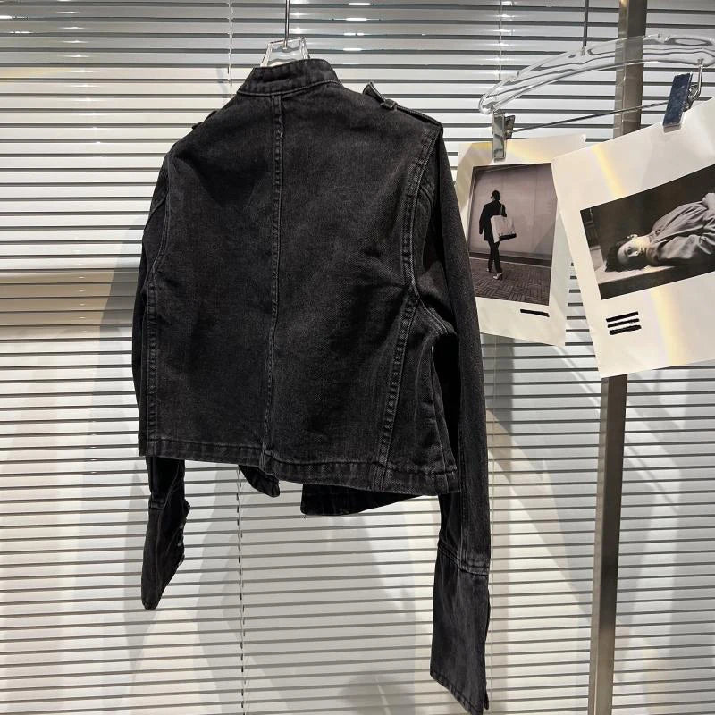 Women's Punk Military Denim Jacket – Vintage Washed Stand Collar Moto Coat
