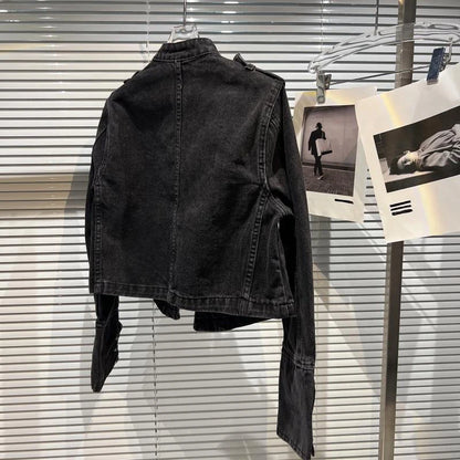 Women's Punk Military Denim Jacket – Vintage Washed Stand Collar Moto Coat