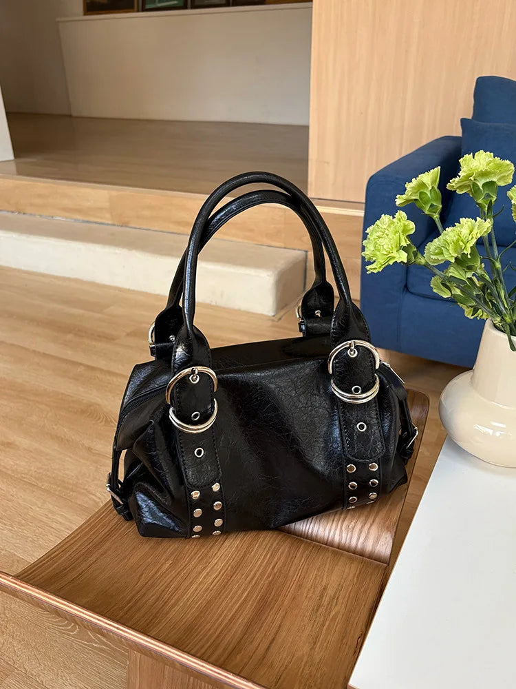 Rivet PU Leather Motorcycle Shoulder Bag – Women's Large Underarm Handbag