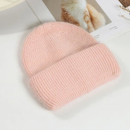 Women's Rabbit Fur Knit Beanie – Warm Solid Color Winter Hat