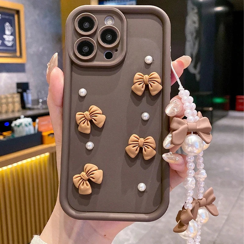 Korean 3d Bowknot Pearl Silicone Phone Case Iphone 16 17 Pro 15 14 13 12 11 Max 16e 7 8 Plus Lanyard