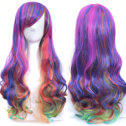 Soowee Synthetic Hair Ombre Rainbow Cosplay Wig Bangs Red Yellow Purple Green Blue Wigs Black Women