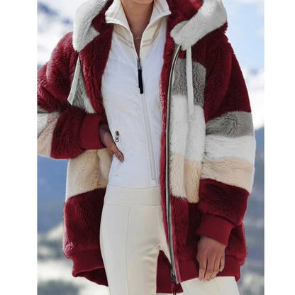 Women's Oversized Fluffy Hooded Jacket – Color Block Teddy Coat