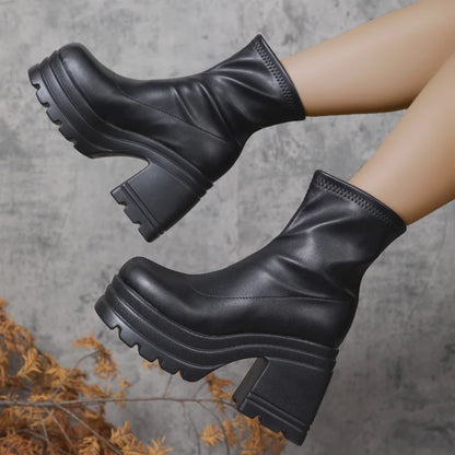 Women's Platform Ankle Boots Chunky Block Heel Square Toe