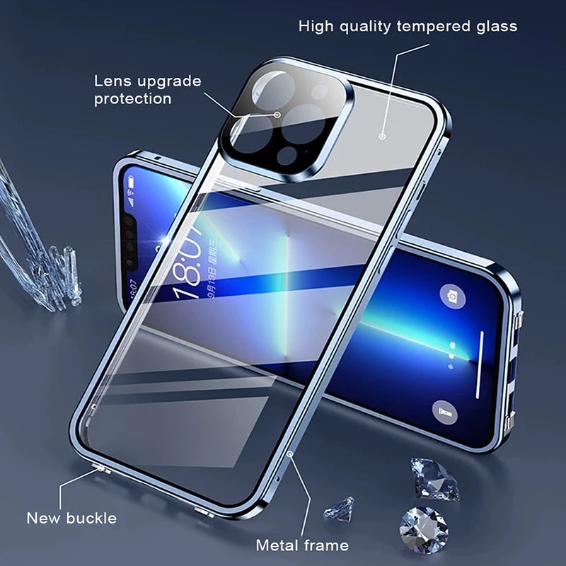 360 Metal Magnetic Double Sided Glass Cover Lens Protection Iphone16 14 15 Pro Max Iphone13 12 11