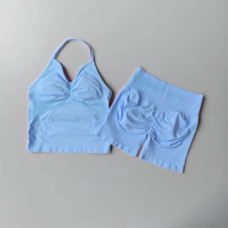 Women's Strappy Backless Crop Top & Scrunch Shorts Set – Gym Yoga Activewear