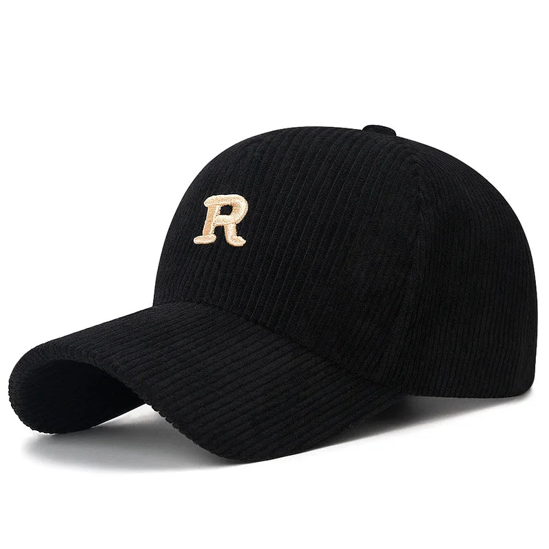 Corduroy Baseball Cap – 3D Embroidered R Letter, Adjustable Structured Hat