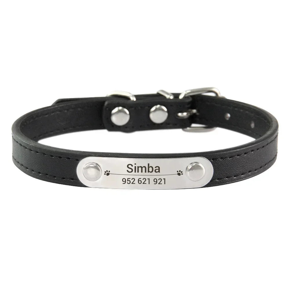 Personalized Dog Collar with Engraved ID Nameplate – PU Leather