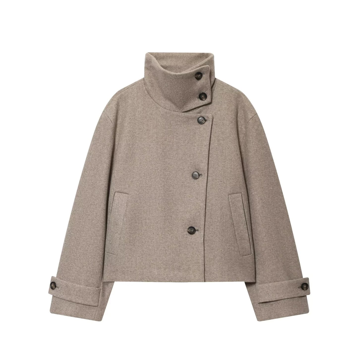 Women's Stand Collar Button Wool Blend Short Coat – Loose Casual Winter Jacket