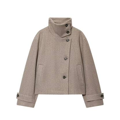 Women's Stand Collar Button Wool Blend Short Coat – Loose Casual Winter Jacket
