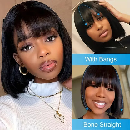 16 Inch Straight Bob Bangs Wig 3x1 Lace Human Hair Wigs 200 Density Short Natural Black Ready Wear