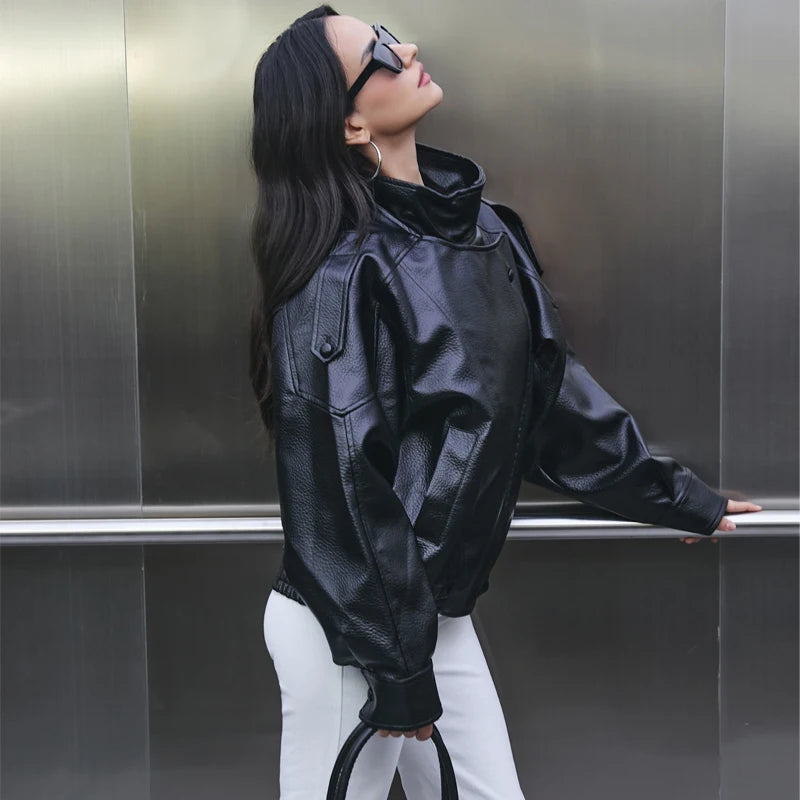 Women's Faux Leather Oversized Bomber Jacket – Winter Outerwear
