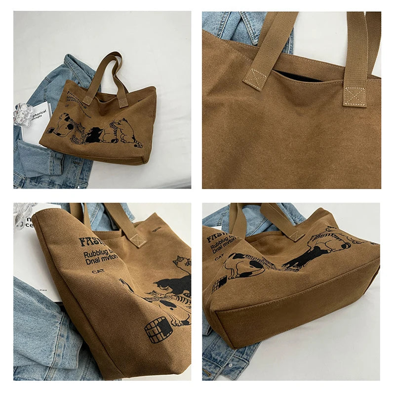 Canvas Tote Bag for Women – Cute Cat Print Shoulder Bag with Zipper