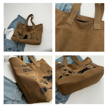 Canvas Tote Bag for Women – Cute Cat Print Shoulder Bag with Zipper