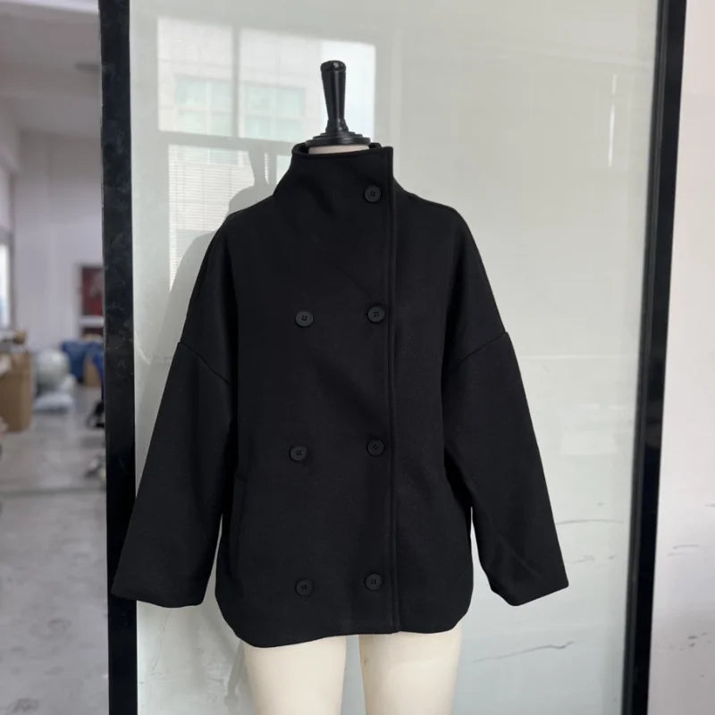 Women's Short Woolen Coat – Stand Collar Zip Jacket