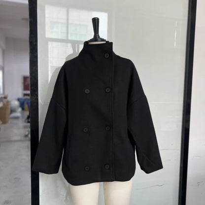 Women's Short Woolen Coat – Stand Collar Zip Jacket