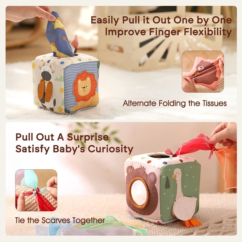 Montessori Baby Busy Box with Sensory Scarves & Cloth Toys